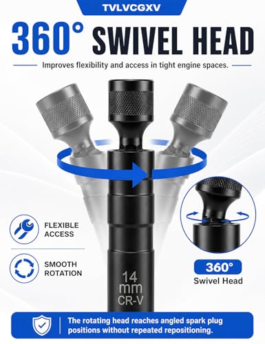 2026 Upgraded 14mm Swivel Magnetic Spark Plug Socket, 3/8" Drive 12-Point Thin Wall Spark Plug Socket, CR-V Steel with Black Phosphate Coating, Professional Removal Tool