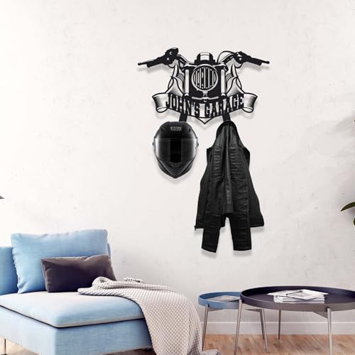 Personalized Metal Motorcycle Wall Hanger – Custom “Your Name Garage” Helmet and Jacket Rack – Handmade Black Steel Wall Art for Bikers and Motorcycle Lovers (89X60cm/35X23 Inches) - size: 89X60cm/35X23 Inches