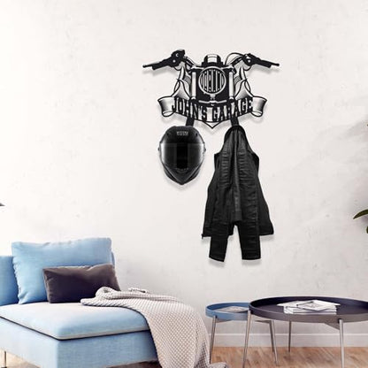 Personalized Metal Motorcycle Wall Hanger – Custom “Your Name Garage” Helmet and Jacket Rack – Handmade Black Steel Wall Art for Bikers and Motorcycle Lovers (59X40cm/23X20 Inches) - size: 59X40cm/23X20 Inches