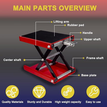 Motorcycle Lift Scissor Jack, Motorbike Jack with 1100lb Capacity Wide Deck Motorcycle Center Stand, Steel Scissor Jack for Street Bikes, Cruiser Bikes, Touring Motorcycles, Red