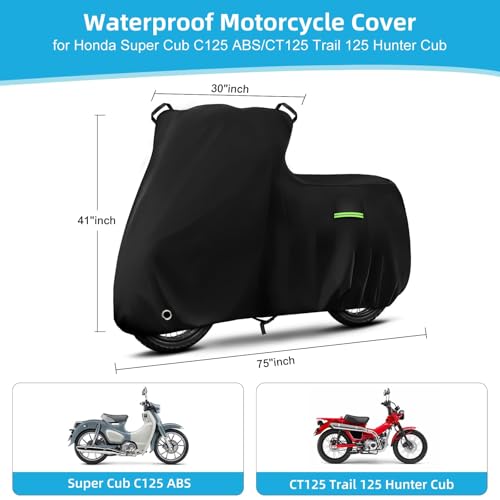 Motorcycle Cover Waterproof for Honda Super Cub C125 ABS/CT125 Trail 125 Hunter Cub, Heavy Duty Outdoor Sun UV Rain Dust All Weather Protection Motorbike Cover with Soft Cotton Lining & Lock Hole - size: Super Cub/Trail 125
