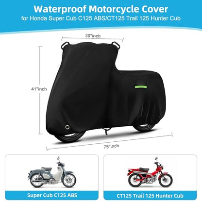 Motorcycle Cover Waterproof for Honda Super Cub C125 ABS/CT125 Trail 125 Hunter Cub, Heavy Duty Outdoor Sun UV Rain Dust All Weather Protection Motorbike Cover with Soft Cotton Lining & Lock Hole - size: Super Cub/Trail 125