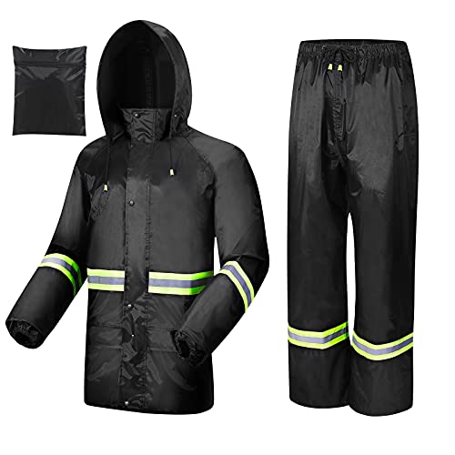 Rain Suits for Men Women Waterproof, Breathable Rain Coats with Eye-Catching Reflective Strip, Durable Rain Gear - color: Black, size: Large