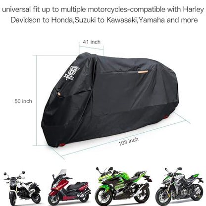 XYZCTEM Black Motorcycle Cover -Waterproof Outdoor Storage Bag,Fits up to 108" Motors,Made of Heavy Duty Material, Compatible with Harley Davison and All Motors,Professional Windproof Strap - size: 108"