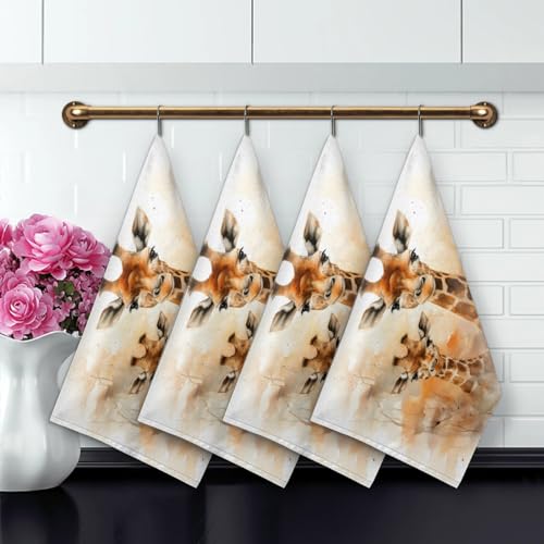 Watercolor Giraffe Kitchen Towels Set of 2 Absorbent Drying Dish Towels for Home and Bathroom - color: Brown