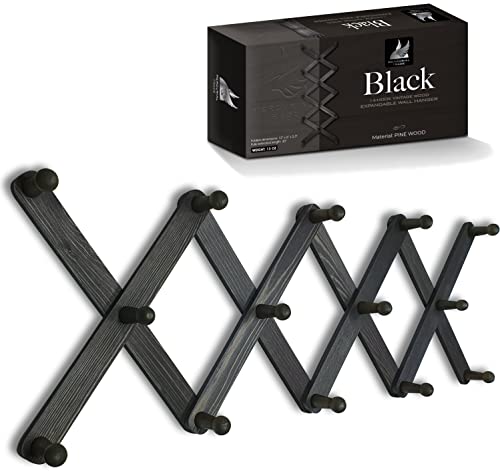 Expandable Wooden Coat Rack Hanger - Accordion Wall Hanger with Expanding Wall Pegs | Hand Made Vintage Wooden Hat Rack for Wall | Hang Coat, Jacket, Hat | Wall Rack – 14 Hook, Black - color: Black (Rustic Style), size: 14 Hooks - Regular Size