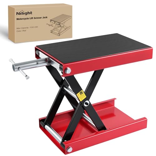 Nilight Motorcycle Lift Jack 1100 LBS Scissor Jack Stand Lift from 3.4" to 14.2" with Wide Deck Crank Handle Steel Scissor Hoist Garage Repair Lifter Table Jacks for Motorcycles ATV Dirt Bike, Red - color: Red