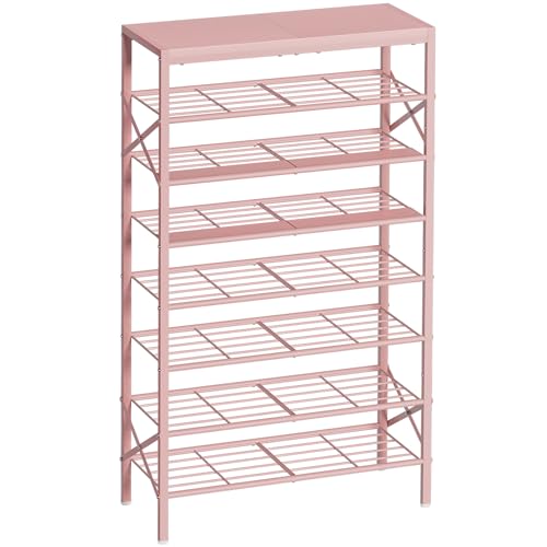 8-Tier Tall Shoe Rack Organizer Shoe Storage for Entryway 24-32 Pairs Metal Shoe Rack for Closet Heavy-Duty Shoe Rack with Wooden Top Shelf for Garage Pink - color: Pink, size: 8-tier