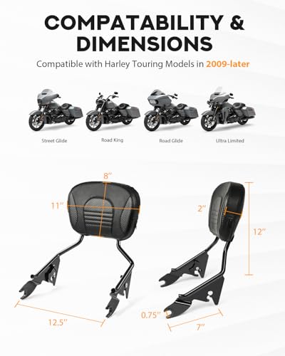 PBYMT Passenger Backrest Sissy Bar, Detachable Rear Backrest, Quick Release Sissy Bar Fit for Harley Davidson Touring Street Glide Road Glide Road King Electra Glide 2009-2024 (Black)