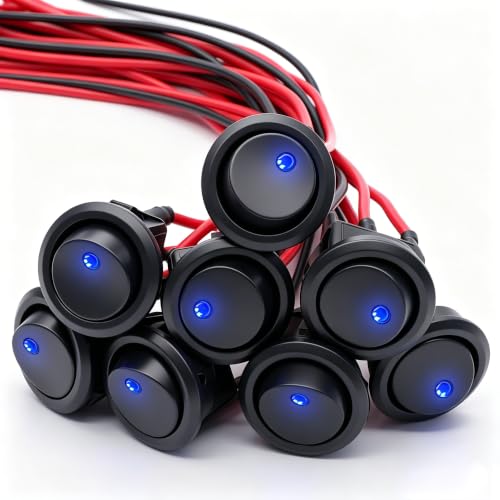 Twidec/8Pcs SPST Round Dot Lighted Rocker Switch Toggle Control for Car Or Boat 20A 12V DC On/Off Blue LED Light with Pre-soldered Wires KCD2-102N-BU-X - color: Blue LED-Round