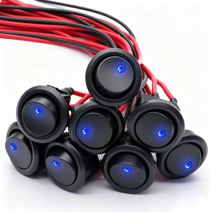 Twidec/8Pcs SPST Round Dot Lighted Rocker Switch Toggle Control for Car Or Boat 20A 12V DC On/Off Blue LED Light with Pre-soldered Wires KCD2-102N-BU-X - color: Blue LED-Round