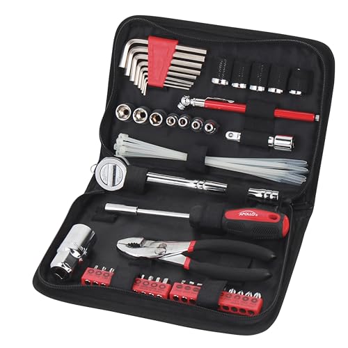 Apollo Tools 56 Piece Compact SAE Auto Tool Set in Zippered Case, Small Mechanic Tool Set for Car Emergency, Motorcycle Repair on the Road, Great for Travel Tool Needs - Red - DT9774 - style: SAE (Automotive)
