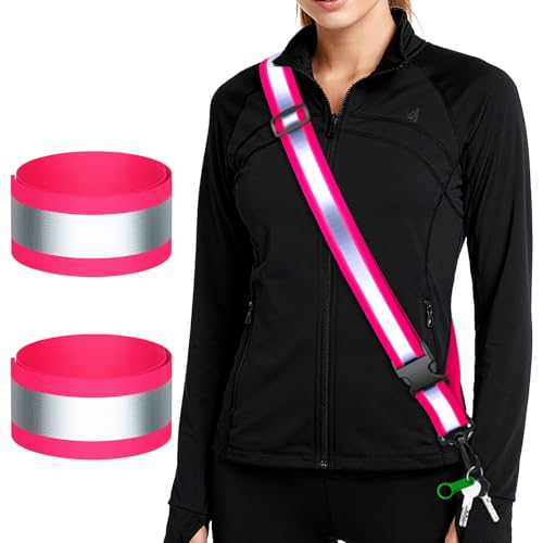 Reflective Walking Gear at Night, High Visibility Safety Reflective Sash Belt and 2-Pack Armband Set, Night Running Safety Gear for Women Men Kids - color: Pink