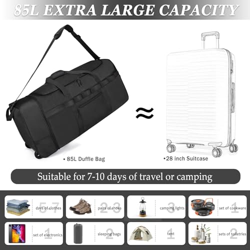 Rolling Duffle Bag with Wheels, 85L Expandable Rolling Duffel Bag for Travelling, Extra Large Foldable Carry on Travel Duffle Bag for Men - color: Black