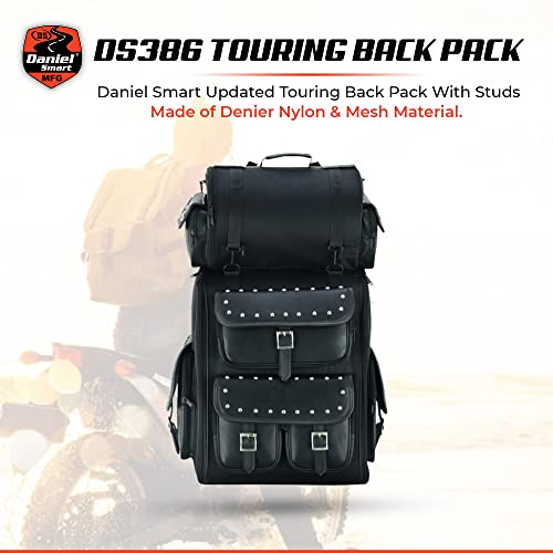 Daniel Smart Multi Pockets Biker Sissy Bar Bag - Included All Weather Protection Rain Cover - Motorcycle Touring Bag - Black - color: Studs