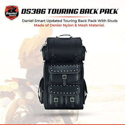 Daniel Smart Multi Pockets Biker Sissy Bar Bag - Included All Weather Protection Rain Cover - Motorcycle Touring Bag - Black - color: Studs