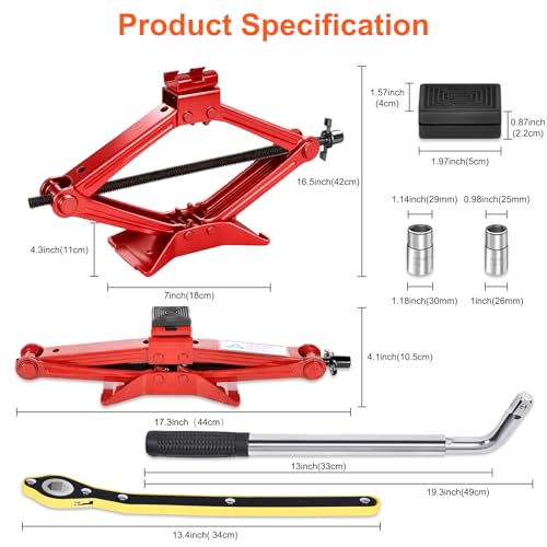 SPECILITE Scissor Jack, 2.5T(5512 Lbs), High-Strength Car Jack & Stand Kit with Rubber Pad, Tire Changing Kit with Ratchet Handle&Lug Wrench, Universal Vehicle Emergency Set for Various Models Red - color: Red