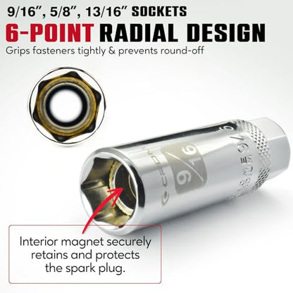 CROM Magnetic Spark Plug Socket Set - 5 Piece 3/8" Drive Spark Plug Removal Tool, Includes 14mm and 16mm Thin Wall Sockets, 9/16 inch, 5/8 inch and 13/16 inch Sockets, Aluminum Storage Rail Included - size: 5 Piece Magnetic Set
