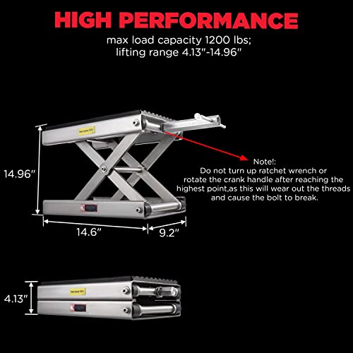 CXRCY 1200 LBS Motorcycle Lift Scissor Jack Stainless Steel Finish Upgraded Dirt Bike ATV Steel Motorcycle Hoist Stand with Ratchet Wrench,Crank Handle,Thickened Rubber Pad,Wide Deck - color: 1200 LBS Stainless Steel