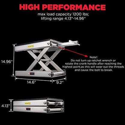 CXRCY 1200 LBS Motorcycle Lift Scissor Jack Stainless Steel Finish Upgraded Dirt Bike ATV Steel Motorcycle Hoist Stand with Ratchet Wrench,Crank Handle,Thickened Rubber Pad,Wide Deck - color: 1200 LBS Stainless Steel