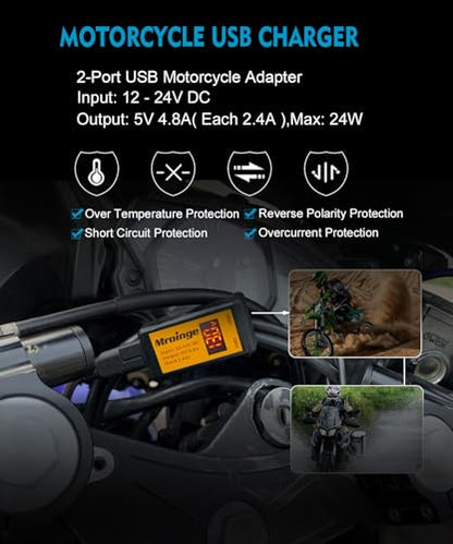Motorcycle USB Charger, Mroinge 4.8A SAE to USB Adapter with Voltmeter & Ammeter, Quick Disconnect Plug with Dual USB Charger Perfect for Smart Device Charging, with ON/Off Switch - size: 4.8A @ 5V
