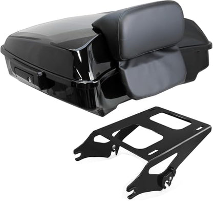 YHMOTO Razor Tour Luggage Trunk W/Backrest & Luggage Rack for Harley Touring Road King FLHR Street CVO Electra Glide 2014-2026 (Razor Tour Trunk with Backrest+Black Mounting Rack) - color: Black