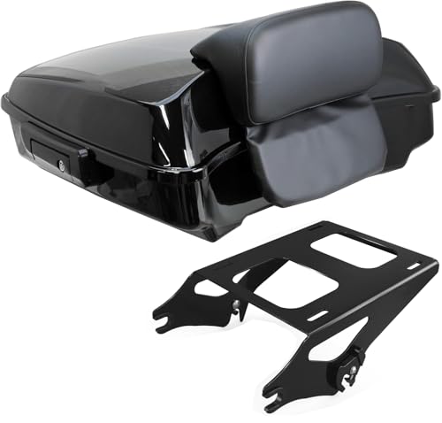YHMOTO Razor Tour Luggage Trunk W/Backrest & Luggage Rack for Harley Touring Road King FLHR Street CVO Electra Glide 2014-2026 (Razor Tour Trunk with Backrest+Black Mounting Rack) - color: Black
