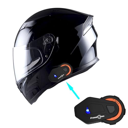 1Storm Motorcycle Full Face Dual Visor Helmet Bundle with Freedconn Spoiler Bundle with Freedconn Motorcycle Bluetooth Headset: HJK316 Glossy Black - color: Glossy Black + Bluetooth, size: Medium