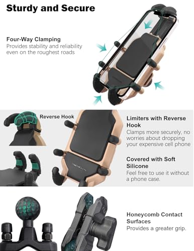 Motorcycle Phone Mount Holder with Vibration Dampener, Strong Clamp for iPhone 15 Pro Max/14/13, Galaxy S23+/23 and More, Aluminum Arm and Base, Suitable for Bike/ATV Handlebar