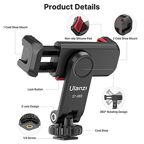 ULANZI ST-06S Phone Tripod Mount, Universal Smartphone Mount Adapter with 2 Cold Shoe, 360° Rotates Adjustable Cell Phone Clip Clamp Holder, Compatible with iPhone 17/16/15, Samsung Galaxy Cell Phones