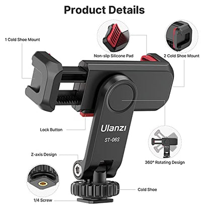 ULANZI ST-06S Phone Tripod Mount, Universal Smartphone Mount Adapter with 2 Cold Shoe, 360° Rotates Adjustable Cell Phone Clip Clamp Holder, Compatible with iPhone 17/16/15, Samsung Galaxy Cell Phones