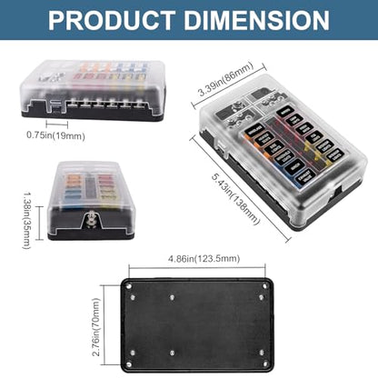 BetyBedy 12 Way Fuse Block, 12V Marine Fuse Box with LED Indicator, Automotive 12-Circuit Blade Fuse Block with Waterproof Cover for RV Motorcycle Boat Vehicle, 24PCS Fuses ＆ Tip Stickers Included - style: 12-Way