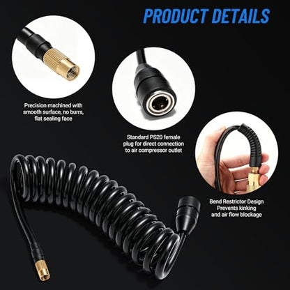0.3" x 23FT Polyurethane Recoil Air Hose, Black Air Compressor Hose with Bend Restrictor, PS20 Female Plug Inflator Extension Hose with 1/4" Industrial Quick Coupler and Plug - size: 23.4 ft