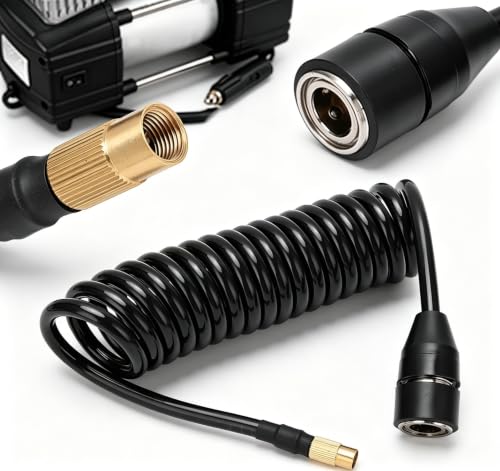 0.3" x 23FT Polyurethane Recoil Air Hose, Black Air Compressor Hose with Bend Restrictor, PS20 Female Plug Inflator Extension Hose with 1/4" Industrial Quick Coupler and Plug - size: 23.4 ft