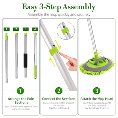 Car Wash Brush with Long Handle - 62" Car Wash Kit with Chenille Microfiber Cleaning Brush, Car Washing Mop with 3 Replacement Mitts, Scratch-Free Scrub Washer Wand for Vehicles, RV, Truck Green - color: Green