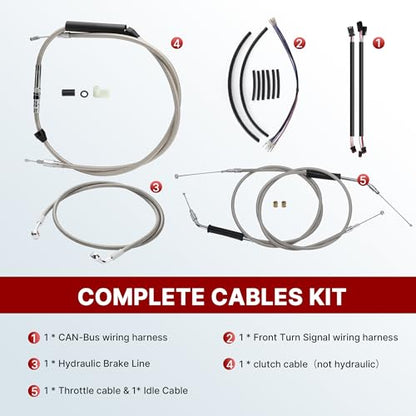 16" Ape Hanger Dyna Cables Kit Handlebar Extended CAN-Bus/Turn Signal Wires/Clutch/Throttle Cables/Brake Line for 2012-2017 Non-ABS Street Bob Super Wide Glide Switchback Models(Chrome)
