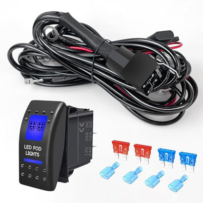 FXC LED Light Bar Wiring Harness Kit 16 AWG Heavy Duty 12V 5Pin Rocker Laser On Off Waterproof Switch Power 40A Relay Blade Fuse-2 Lead for Cars Boat ATV Truck (LED POD Lights) - style: LED POD LIGHTS