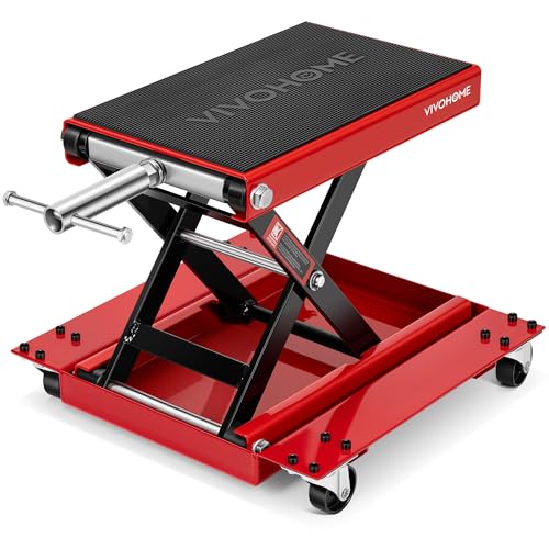 VIVOHOME 1100 Lbs Motorcycle Lift Jack, Steel Wide Deck ATV Scissor Lift with Dolly Wheels & Hand Crank, Bike Garage Repair Hoist Stand for Maintenance, Red - color: Red + Black