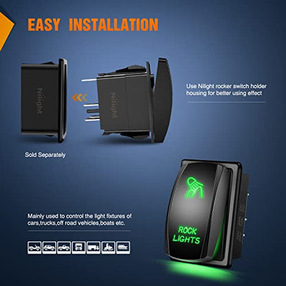Nilight Rock Lights Rocker Switch Led Light Bar Switch 5Pin Laser On Off SPST switches 20A/12V 10A/24V Switch Green with Jumper Wires Set for Cars Trucks RVs,2 Years Warranty - color: Green, size: ROCK LIGHTS