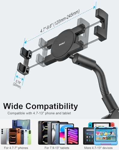 Gooseneck Bike Tablet Mount, Bike Holder - Adjustable Arm Tablet Holder for Motorcycle, Bicycle Scooter Handlebar Clamp, Compatible with iPad Pro Air Mini, Galaxy Tabs, Z Fold, iPhone, 4.7-13" Devices