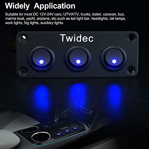 Twidec/3 Gang Rocker Toggle Switch Panel with 12V DC Round Dot Lighted 20A 3 Pins ON/Off SPST Switch Control for Car Or Boat Blue LED Light KCD2-102N-BU-XBZ - color: Blue LED-Panel