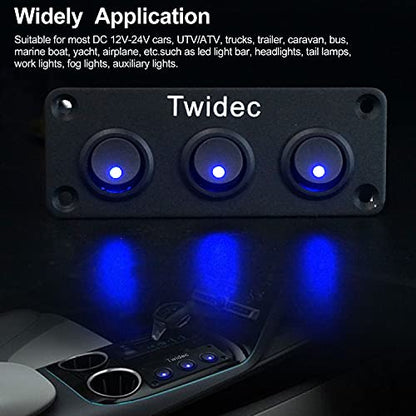 Twidec/3 Gang Rocker Toggle Switch Panel with 12V DC Round Dot Lighted 20A 3 Pins ON/Off SPST Switch Control for Car Or Boat Blue LED Light KCD2-102N-BU-XBZ - color: Blue LED-Panel