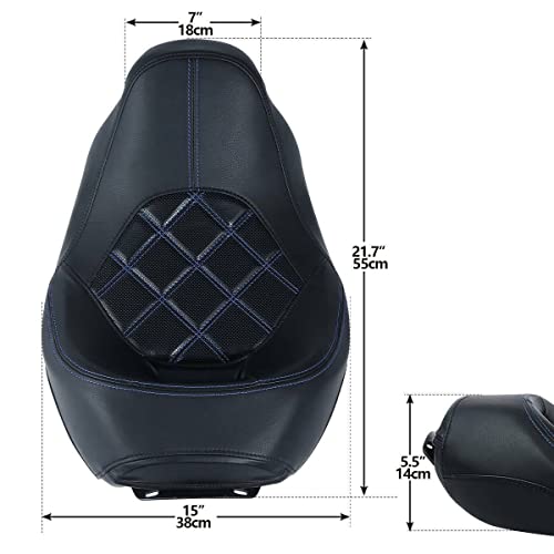 TCT-MOTORPARTS Low-Profile Driver Seat Front Solo Seat Fits for Harley Touring 2009-2023 Electra Street Road Glide CVO Road King Blue Stitching - color: Driver Seat Blue