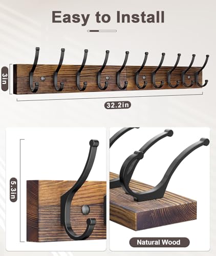 Optish 2 Pack Wooden Coat Rack Wall Mount, 16.1" Rustic Coat Hanger Hooks with 10 Double Hooks, Wall Coat Rack for Hat, Clothes, Bags, Jacket, Brown - color: Brown