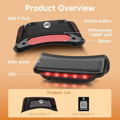 Solar Motorcycle Helmet Light, Moman Solar Powered Bicycle LED Safety Light with Brake Sensing Ultra Bright Red Warning Light IPX4 Waterproof ABS Material for Night Riding (USB-C Cable NOT Included)