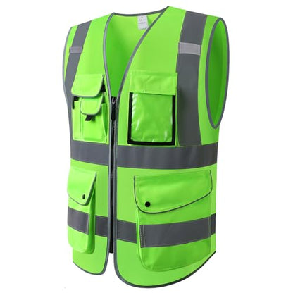 XIAKE 9 Pockets Class 2 High Visibility Reflective Safety Vest for Men Women,Meets ANSI/ISEA Standard - color: Green, size: Medium