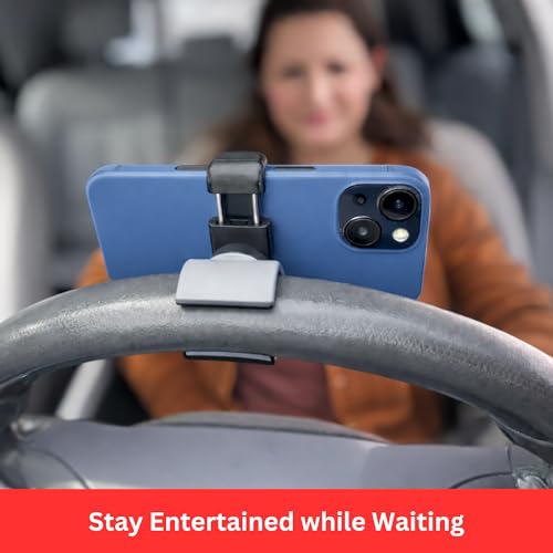 Maxby Steering Wheel Phone Holder Mount for Parked Use, Universal Clamp Fits Most Phones, 360° Rotating Adjustable Bracket, Quick Attach Detach, Hands-Free Viewing for Waiting and Meals in the Car