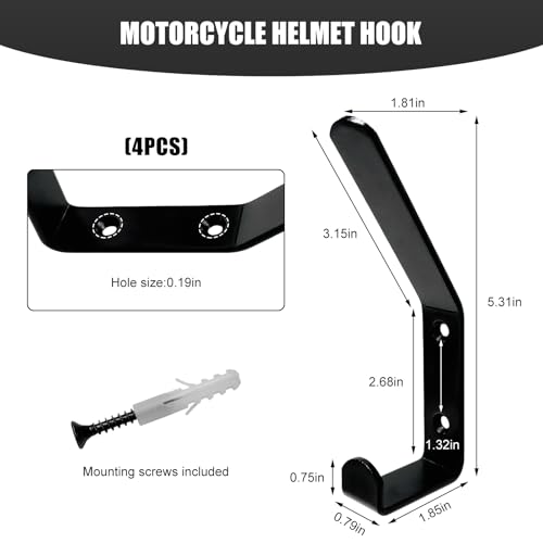 4PCS Motorcycle Helmet Holder Hook, Wall Mounted Motorbike Jacket Display Rack with Mounting Screws, Heavy Duty Metal C Style Double-Hook Rack for Helmets Clothes Bags