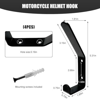 4PCS Motorcycle Helmet Holder Hook, Wall Mounted Motorbike Jacket Display Rack with Mounting Screws, Heavy Duty Metal C Style Double-Hook Rack for Helmets Clothes Bags