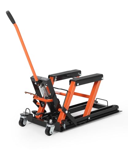 Hydraulic Motorcycle Lift Jack 1500 Lbs, Heavy Duty Steel Scissor Lift Stand with Wheels, Adjustable Height 4.53"-15.35" for Motorcycle, Dirt Bike, ATV, UTV, Garage Repair - color: Orange